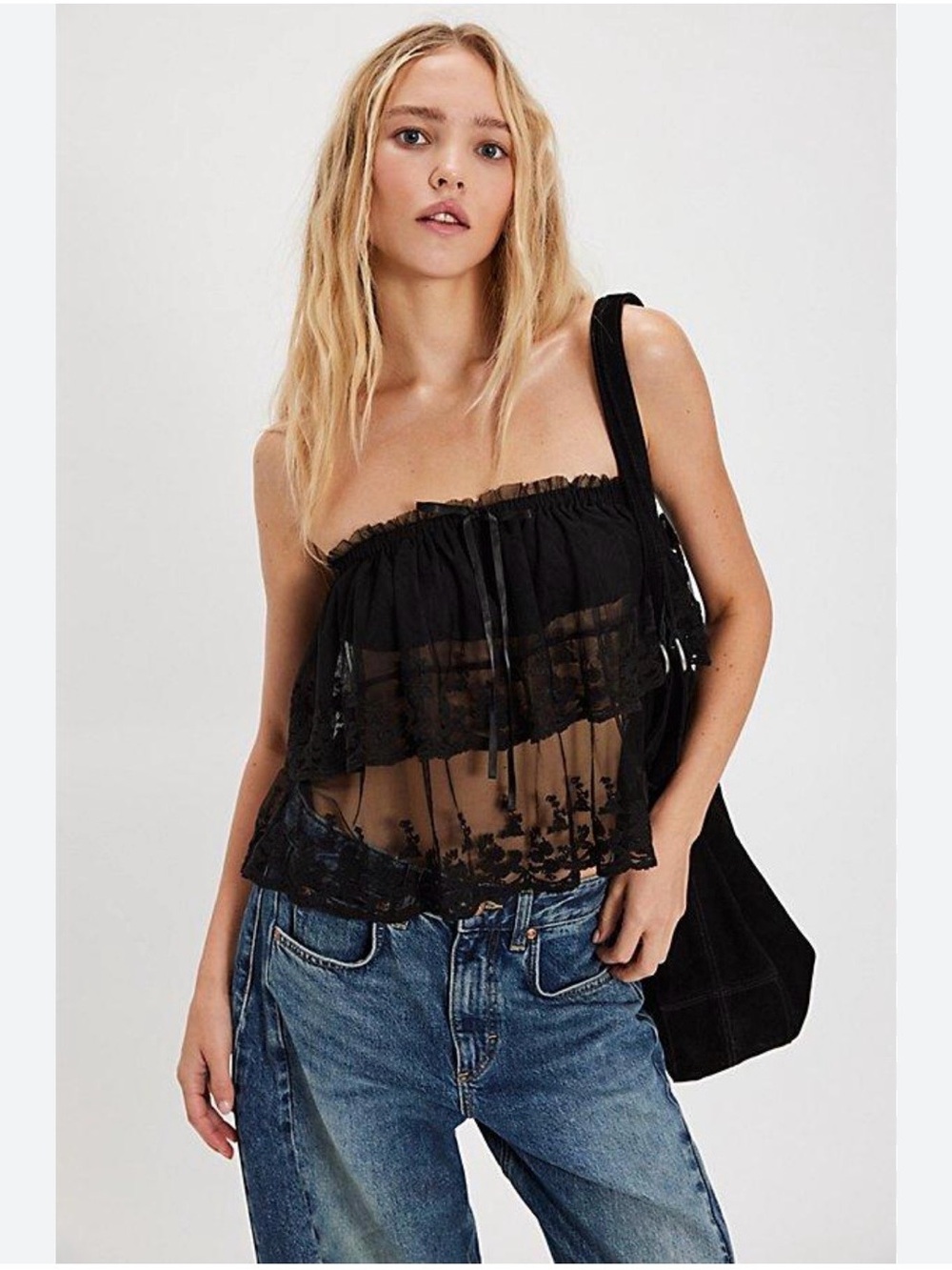 Free People Black Sheer Lace Tiered Camisole